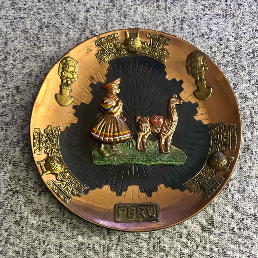 Vintage Inca Peru Copper & Brass Woman & Alpaca Llama Carger Plate MCM 5.5"